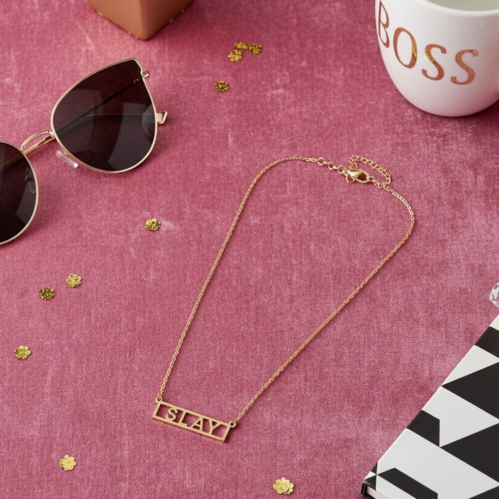 Gold Minimalist "SLAY" Bar Necklace Elegant Jewelry
